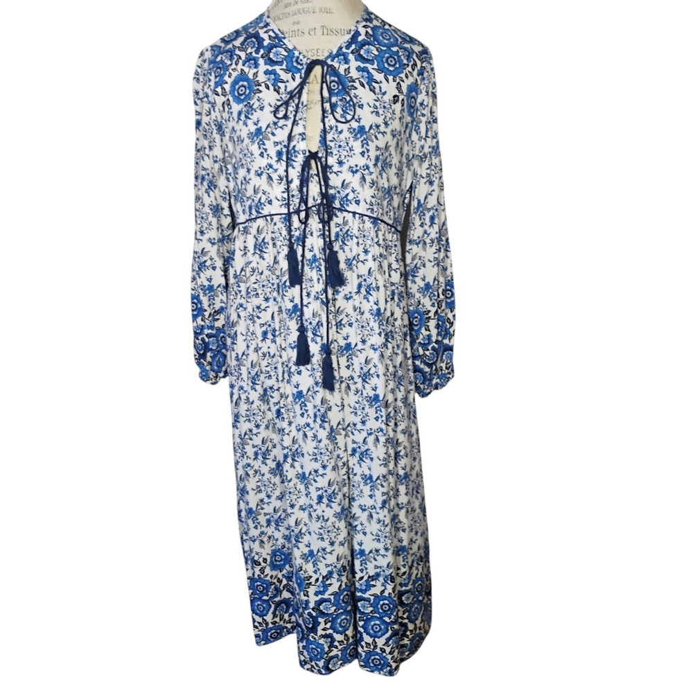 R Vivimos Midi Dress Womens XL‎ White Blue Floral Long Sleeve Bohemian Peasant